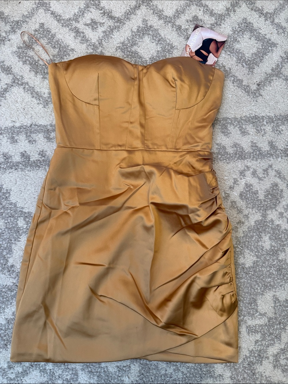 naked wardrobe Strapless Satin Dress in Mustard Gold
